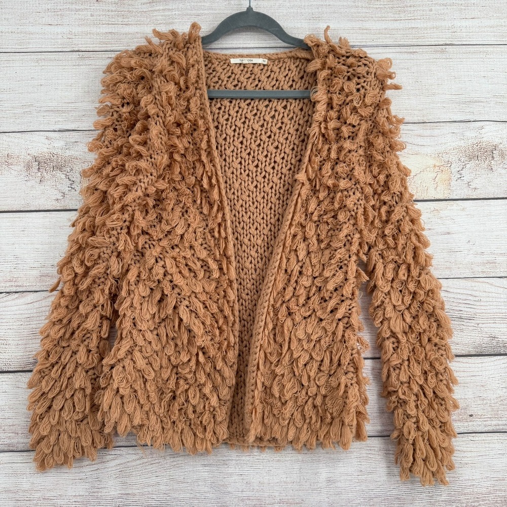 Tularosa Cardigan Women XS Tan Shaggy Loopy Open Front Chunky Knit Sweater